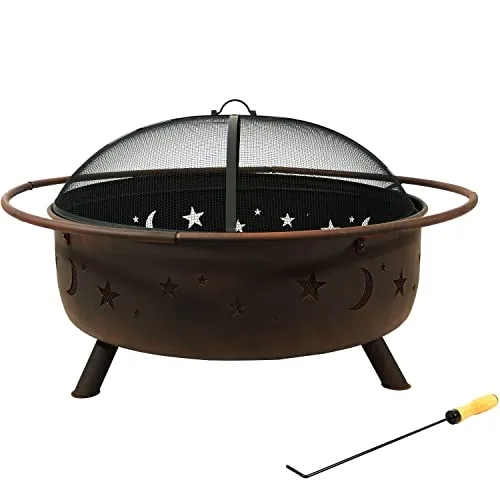 Sunnydaze Cosmic Fire Pit for Outdoors - 42-Inch Large Wood-Burning Fire Pit with Moon and Stars - Perfect for Patio and Backyard Bonfires - Includes Round Spark Screen, Poker and Metal Grate