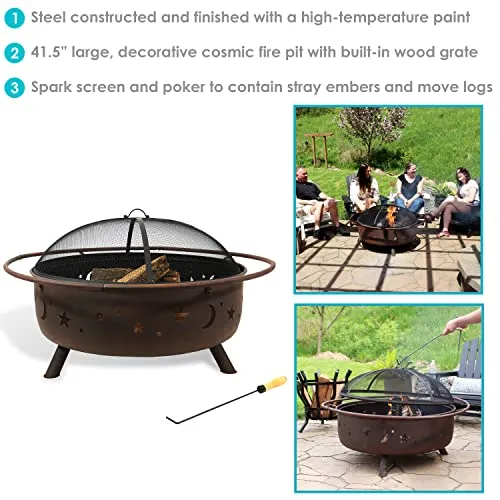 Sunnydaze Cosmic Fire Pit for Outdoors - 42-Inch Large Wood-Burning Fire Pit with Moon and Stars - Perfect for Patio and Backyard Bonfires - Includes Round Spark Screen, Poker and Metal Grate