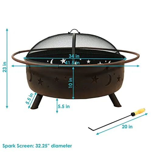 Sunnydaze Cosmic Fire Pit for Outdoors - 42-Inch Large Wood-Burning Fire Pit with Moon and Stars - Perfect for Patio and Backyard Bonfires - Includes Round Spark Screen, Poker and Metal Grate