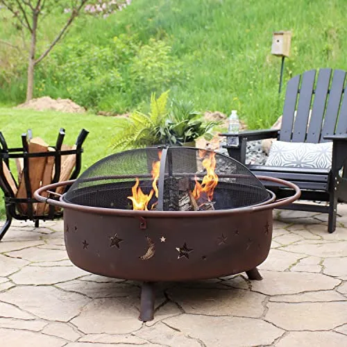 Sunnydaze Cosmic Fire Pit for Outdoors - 42-Inch Large Wood-Burning Fire Pit with Moon and Stars - Perfect for Patio and Backyard Bonfires - Includes Round Spark Screen, Poker and Metal Grate