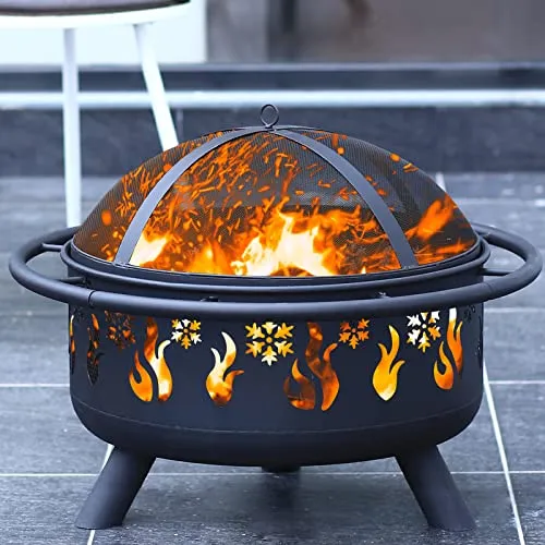 CGVOVOT Fire Pits for Outside - 30 Inch Outdoor Fire Pits with Flame and Snowflake Pattern,Spark Screen,and Fireplace Poker