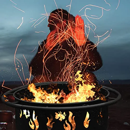 CGVOVOT Fire Pits for Outside - 30 Inch Outdoor Fire Pits with Flame and Snowflake Pattern,Spark Screen,and Fireplace Poker