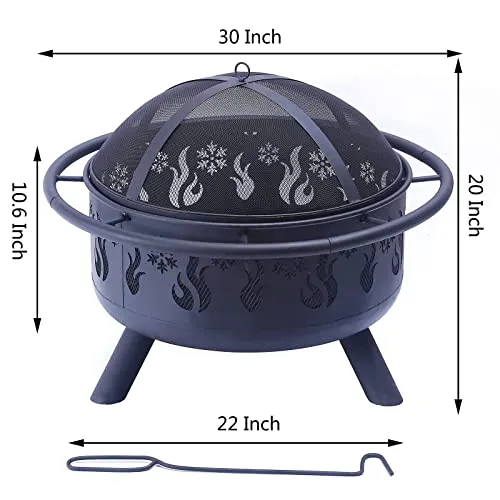 CGVOVOT Fire Pits for Outside - 30 Inch Outdoor Fire Pits with Flame and Snowflake Pattern,Spark Screen,and Fireplace Poker