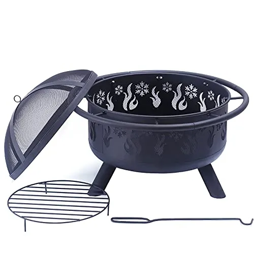 CGVOVOT Fire Pits for Outside - 30 Inch Outdoor Fire Pits with Flame and Snowflake Pattern,Spark Screen,and Fireplace Poker