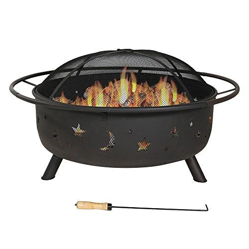Sunnydaze Cosmic Fire Pit for Outdoors - 42-Inch Large Wood Burning Fire Pit with Moon and Stars - Perfect for Patio and Backyard Bonfires Outside - Includes Round Spark Screen, Fireplace Poker, and Metal Grate - Celestial Design