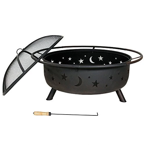 Sunnydaze Cosmic Fire Pit for Outdoors - 42-Inch Large Wood Burning Fire Pit with Moon and Stars - Perfect for Patio and Backyard Bonfires Outside - Includes Round Spark Screen, Fireplace Poker, and Metal Grate - Celestial Design