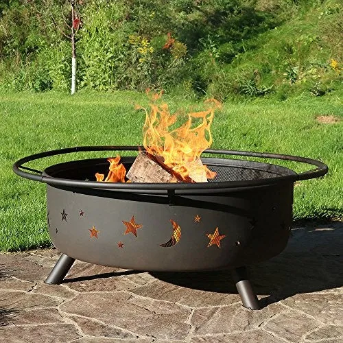 Sunnydaze Cosmic Fire Pit for Outdoors - 42-Inch Large Wood Burning Fire Pit with Moon and Stars - Perfect for Patio and Backyard Bonfires Outside - Includes Round Spark Screen, Fireplace Poker, and Metal Grate - Celestial Design