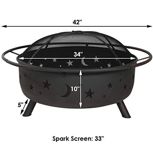Sunnydaze Cosmic Fire Pit for Outdoors - 42-Inch Large Wood Burning Fire Pit with Moon and Stars - Perfect for Patio and Backyard Bonfires Outside - Includes Round Spark Screen, Fireplace Poker, and Metal Grate - Celestial Design