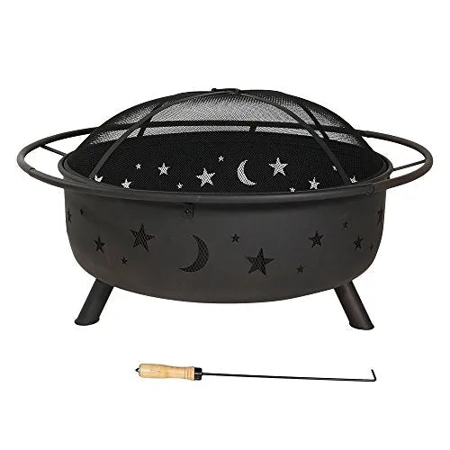 Sunnydaze Cosmic Fire Pit for Outdoors - 42-Inch Large Wood Burning Fire Pit with Moon and Stars - Perfect for Patio and Backyard Bonfires Outside - Includes Round Spark Screen, Fireplace Poker, and Metal Grate - Celestial Design