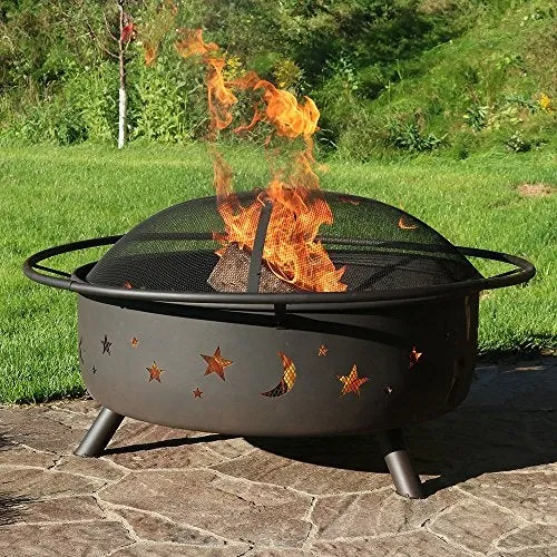 Sunnydaze Cosmic Fire Pit for Outdoors - 42-Inch Large Wood Burning Fire Pit with Moon and Stars - Perfect for Patio and Backyard Bonfires Outside - Includes Round Spark Screen, Fireplace Poker, and Metal Grate - Celestial Design