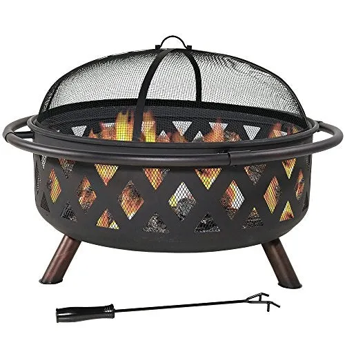 Sunnydaze Black Crossweave Large Outdoor Fire Pit - 36-Inch Heavy Duty Wood-Burning Fire Pit with Spark Screen for Patio & Backyard Bonfires, Includes Poker & Round Fireplace Cover