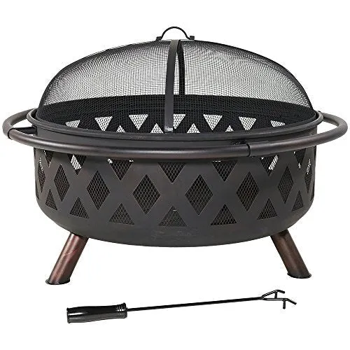 Sunnydaze Black Crossweave Large Outdoor Fire Pit - 36-Inch Heavy Duty Wood-Burning Fire Pit with Spark Screen for Patio & Backyard Bonfires, Includes Poker & Round Fireplace Cover