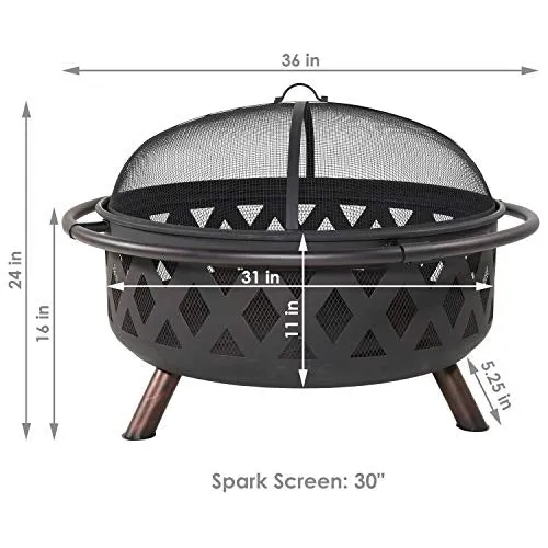Sunnydaze Black Crossweave Large Outdoor Fire Pit - 36-Inch Heavy Duty Wood-Burning Fire Pit with Spark Screen for Patio & Backyard Bonfires, Includes Poker & Round Fireplace Cover