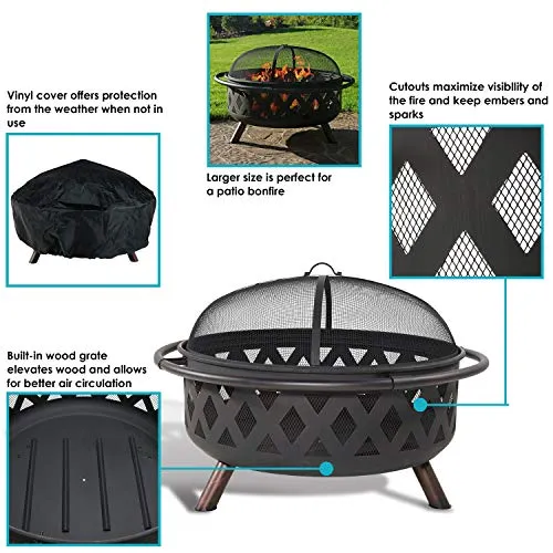 Sunnydaze Black Crossweave Large Outdoor Fire Pit - 36-Inch Heavy Duty Wood-Burning Fire Pit with Spark Screen for Patio & Backyard Bonfires, Includes Poker & Round Fireplace Cover