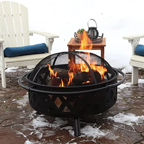 Sunnydaze Black Crossweave Large Outdoor Fire Pit - 36-Inch Heavy Duty Wood-Burning Fire Pit with Spark Screen for Patio & Backyard Bonfires, Includes Poker & Round Fireplace Cover