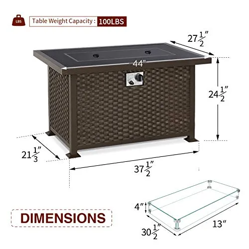 U-MAX 44in Outdoor Propane Gas Fire Pit Table, 50,000 BTU Auto-Ignition Gas Firepit with Glass Wind Guard, Black Tempered Glass Tabletop & Blue Glass Rock, Brown PE Rattan, CSA Certification