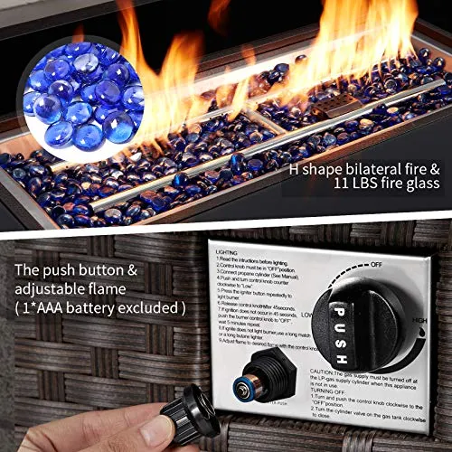 U-MAX 44in Outdoor Propane Gas Fire Pit Table, 50,000 BTU Auto-Ignition Gas Firepit with Glass Wind Guard, Black Tempered Glass Tabletop & Blue Glass Rock, Brown PE Rattan, CSA Certification