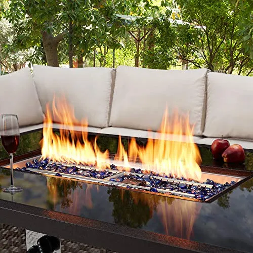 U-MAX 44in Outdoor Propane Gas Fire Pit Table, 50,000 BTU Auto-Ignition Gas Firepit with Glass Wind Guard, Black Tempered Glass Tabletop & Blue Glass Rock, Brown PE Rattan, CSA Certification