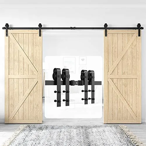 Homlux 12ft Heavy Duty Sturdy Sliding Barn Door Hardware Kit Double Door - Smoothly and Quietly - Simple and Easy to Install - Fit 1 3/8-1 3/4" Thickness Door Panel(Black)(J Shape Hangers)