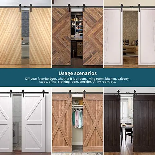 Homlux 12ft Heavy Duty Sturdy Sliding Barn Door Hardware Kit Double Door - Smoothly and Quietly - Simple and Easy to Install - Fit 1 3/8-1 3/4" Thickness Door Panel(Black)(J Shape Hangers)