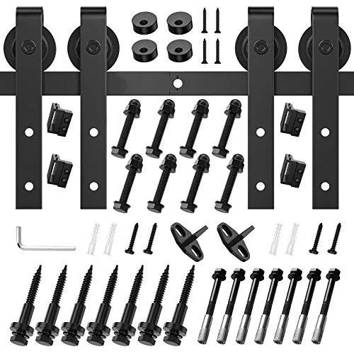 Homlux 12ft Heavy Duty Sturdy Sliding Barn Door Hardware Kit Double Door - Smoothly and Quietly - Simple and Easy to Install - Fit 1 3/8-1 3/4" Thickness Door Panel(Black)(J Shape Hangers)