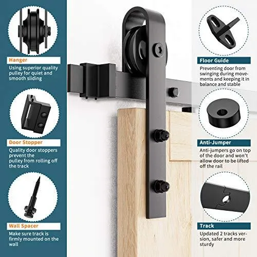 Homlux 12ft Heavy Duty Sturdy Sliding Barn Door Hardware Kit Double Door - Smoothly and Quietly - Simple and Easy to Install - Fit 1 3/8-1 3/4" Thickness Door Panel(Black)(J Shape Hangers)