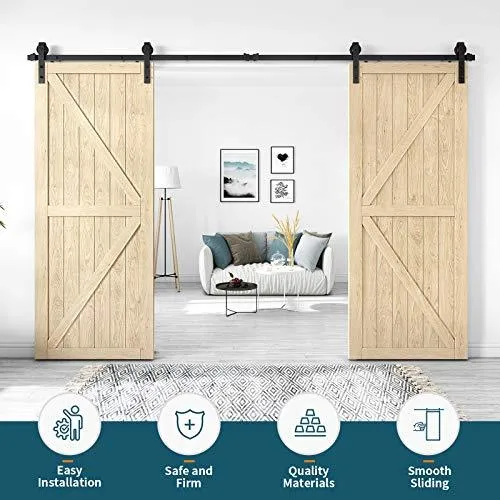Homlux 12ft Heavy Duty Sturdy Sliding Barn Door Hardware Kit Double Door - Smoothly and Quietly - Simple and Easy to Install - Fit 1 3/8-1 3/4" Thickness Door Panel(Black)(J Shape Hangers)