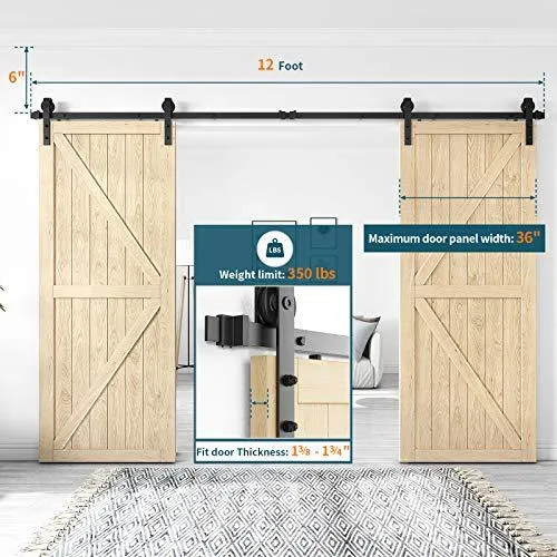 Homlux 12ft Heavy Duty Sturdy Sliding Barn Door Hardware Kit Double Door - Smoothly and Quietly - Simple and Easy to Install - Fit 1 3/8-1 3/4" Thickness Door Panel(Black)(J Shape Hangers)