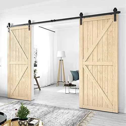 Homlux 12ft Heavy Duty Sturdy Sliding Barn Door Hardware Kit Double Door - Smoothly and Quietly - Simple and Easy to Install - Fit 1 3/8-1 3/4" Thickness Door Panel(Black)(J Shape Hangers)