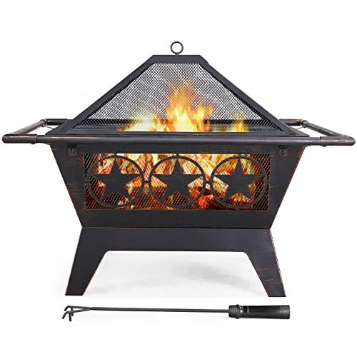 Yaheetech Fire Pit 32'' Iron Fire Pit Outdoor Patio BBQ Camping Bonfire Bronze Outdoor Fireplace Fire Bowl with Spark Screen, Mesh Cover Grills Poker Square Fire Pit