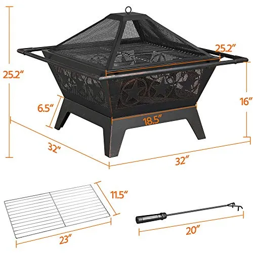 Yaheetech Fire Pit 32'' Iron Fire Pit Outdoor Patio BBQ Camping Bonfire Bronze Outdoor Fireplace Fire Bowl with Spark Screen, Mesh Cover Grills Poker Square Fire Pit