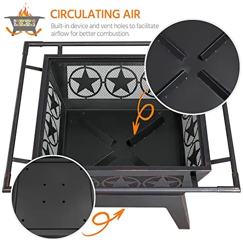Yaheetech Fire Pit 32'' Iron Fire Pit Outdoor Patio BBQ Camping Bonfire Bronze Outdoor Fireplace Fire Bowl with Spark Screen, Mesh Cover Grills Poker Square Fire Pit