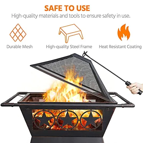 Yaheetech Fire Pit 32'' Iron Fire Pit Outdoor Patio BBQ Camping Bonfire Bronze Outdoor Fireplace Fire Bowl with Spark Screen, Mesh Cover Grills Poker Square Fire Pit
