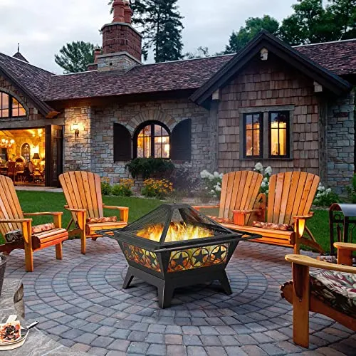 Yaheetech Fire Pit 32'' Iron Fire Pit Outdoor Patio BBQ Camping Bonfire Bronze Outdoor Fireplace Fire Bowl with Spark Screen, Mesh Cover Grills Poker Square Fire Pit