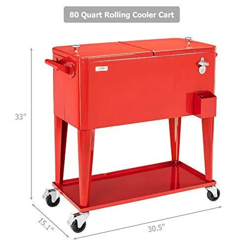 VINGLI 80 Quart Rolling Ice Chest on Wheels, Portable Patio Party Bar Drink Cooler Cart, with Shelf, Beverage Pool with Bottle Opener,Water Pipe and Cover (Red)
