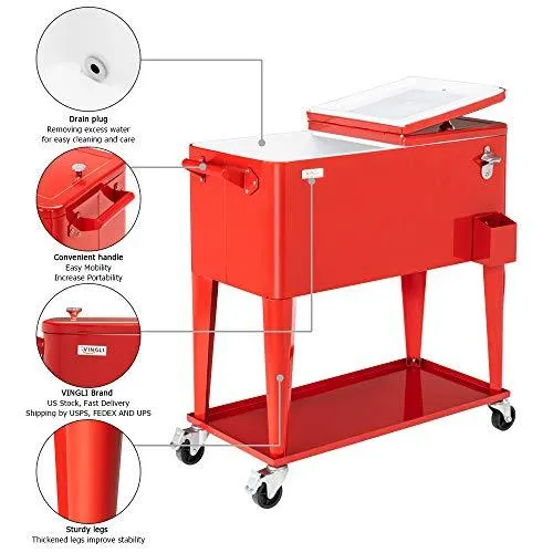 VINGLI 80 Quart Rolling Ice Chest on Wheels, Portable Patio Party Bar Drink Cooler Cart, with Shelf, Beverage Pool with Bottle Opener,Water Pipe and Cover (Red)