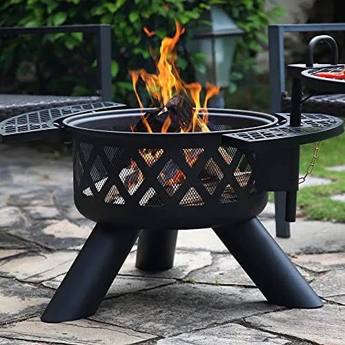 BALI OUTDOORS Fire Pits Outdoor Wood Burning, Wood Fire Pit with Cooking Grate Outdoor Fireplace with Cooking Grill Firepit Grill, Black