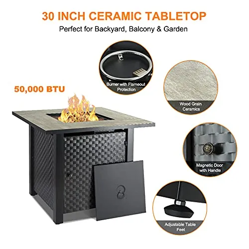 Camplux Propane Fire Pit Table, 30 Inch Outdoor Gas Fire Pit with Lid, Lava Rocks, Ceramic Tabletop, 50,000 BTU Adjustable Flame, Auto Ignition, Square Fire Table 2-in-1 Functional