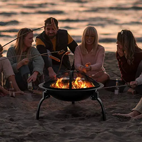 Amagabeli Fire Pit Outdoor Wood Burning Portable Folding 22in Firepit Firebowl Fireplace Poker Spark Screen Retardant Mesh Lid Deep Round Outside Backyard Camping Metal Grate Rustproof Black