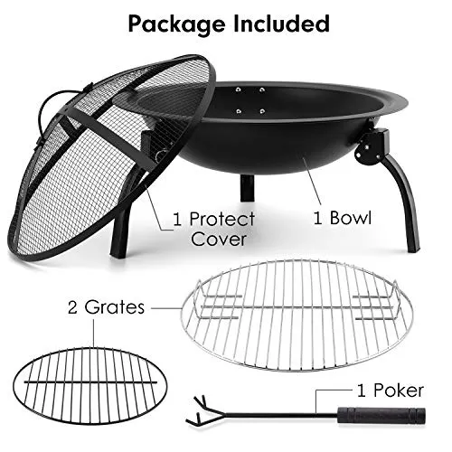 Amagabeli Fire Pit Outdoor Wood Burning Portable Folding 22in Firepit Firebowl Fireplace Poker Spark Screen Retardant Mesh Lid Deep Round Outside Backyard Camping Metal Grate Rustproof Black