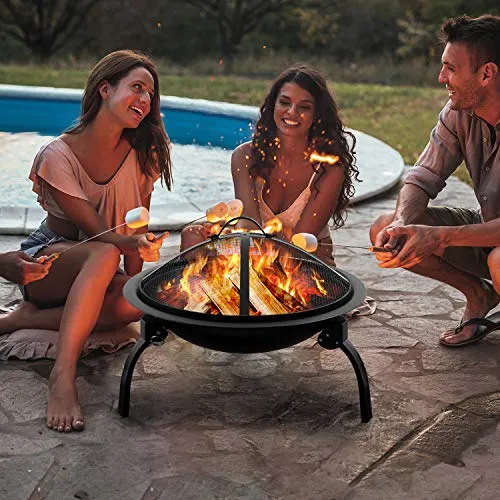 Amagabeli Fire Pit Outdoor Wood Burning Portable Folding 22in Firepit Firebowl Fireplace Poker Spark Screen Retardant Mesh Lid Deep Round Outside Backyard Camping Metal Grate Rustproof Black
