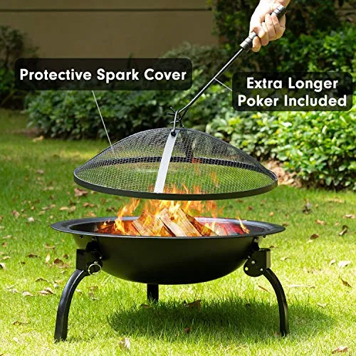 Amagabeli Fire Pit Outdoor Wood Burning Portable Folding 22in Firepit Firebowl Fireplace Poker Spark Screen Retardant Mesh Lid Deep Round Outside Backyard Camping Metal Grate Rustproof Black