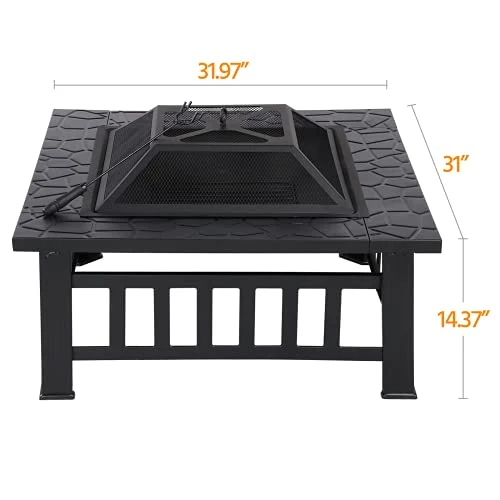 Yaheetech Multifunctional Fire Pit Table 32in Square Metal Firepit Stove Backyard Patio Garden Fireplace for Camping, Outdoor Heating, Bonfire and Picnic