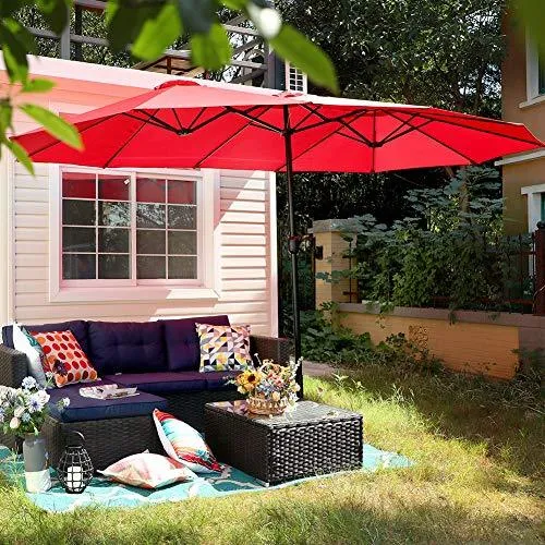 PHI VILLA 15ft Patio Umbrella Double-Sided Outdoor Market Extra Large Umbrella with Crank, Umbrella Base Included (Red)