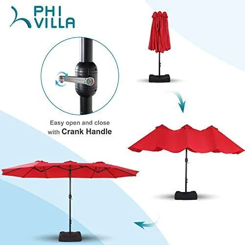 PHI VILLA 15ft Patio Umbrella Double-Sided Outdoor Market Extra Large Umbrella with Crank, Umbrella Base Included (Red)