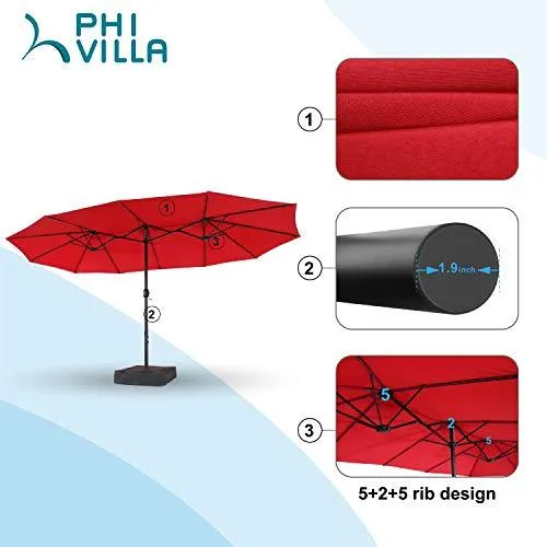 PHI VILLA 15ft Patio Umbrella Double-Sided Outdoor Market Extra Large Umbrella with Crank, Umbrella Base Included (Red)