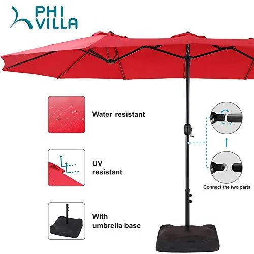 PHI VILLA 15ft Patio Umbrella Double-Sided Outdoor Market Extra Large Umbrella with Crank, Umbrella Base Included (Red)