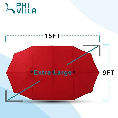 PHI VILLA 15ft Patio Umbrella Double-Sided Outdoor Market Extra Large Umbrella with Crank, Umbrella Base Included (Red)