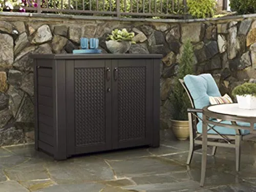 Rubbermaid Extra Large Decorative Patio Storage, Weather Resistant Outdoor Storage Cabinet, Dark Teak