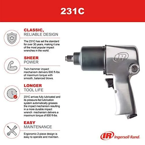 Ingersoll Rand 231C 1/2” Drive Air Impact Wrench – Lightweight, Max 600 ft-lbs Torque Output, Adjustable Power, Twin Hammer, Silver